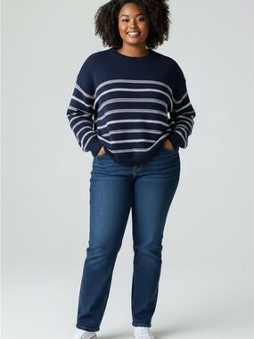 Ella Moss NWOT Navy Ribbed Knit Sweater w White Accents, 100% Cotton